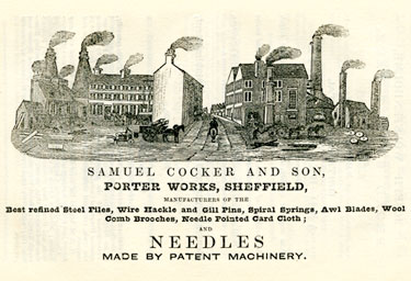 Advertisement for Samuel Cocker and Son, Porter Works, Sheffield, manufacturers of steel files, pins, springs, blades and needles, etc.