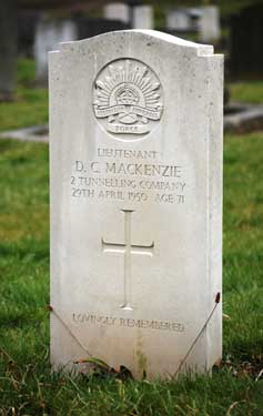Memorial to Lieutenant (4611735) D C Mackenzie, Australian Imperial Force, 2 Tunnelling Company, 29 Apr 1950, aged 71, Abbey Lane Cemetery