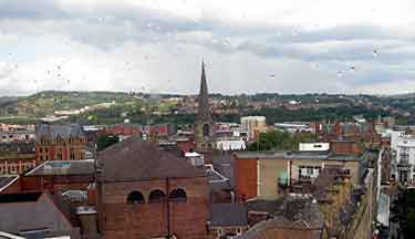 Aerial view across the city centre towards Sheffield Cathedral and Parkwood Springs Ski Village, which was subsequently destroyed by fire in 2013.