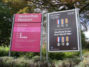 Advertising boards outside Weston Park Museum for their 'Sheffield and the First World War' exhibition 