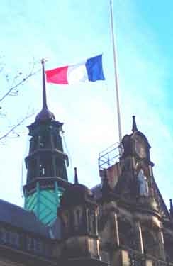 French tricolour flag flying at half-mast on Sheffield Town Hall following the terrorist attacks in Paris on 13 November in which over 130 people were killed