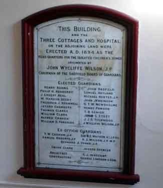 Commemorative plaque, 1894, to the erection of 3 cottages and a hospital as originated by John Wycliffe Wilson, JP, Northern General Hospital, Herries Road