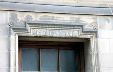 Sheffield Town Hall, Surrey Street. Disinfectant engraving over rear entrance door.