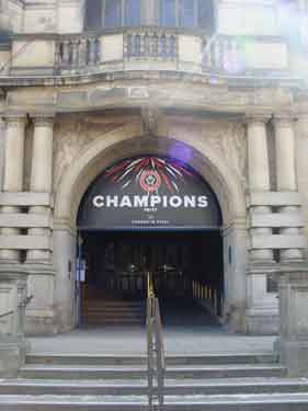 Banner on the Town Hall entrance on Pinstone Street depicting Sheffield United as Football League 1 champions
