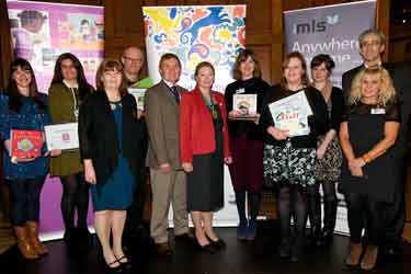Authors at the Sheffield Children's Book Award, showing Lord Mayor, Councillor Vickie Priestley (6th left) and Lord Mayor's Consort, Mr. Priestley (5th left)  