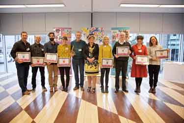 Winning authors and illustrators at the Sheffield Children's Book Award showing Lord Mayor, Councillor Denise Fox (6th left)