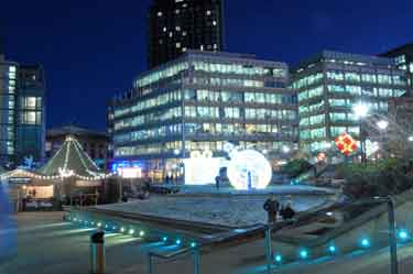 Christmas illuminations, Thor's Tipi bar and St Paul's Place (offices), Peace Gardens