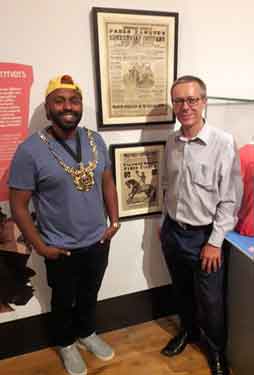 Lord Mayor, Councillor Magid Magid and Archives and Heritage Manager, Peter Evans, at the opening of the Circus! Show of Shows exhibition at Weston Park Museum
