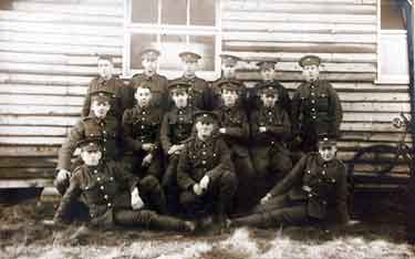 Kings Own Yorkshire Life Infantry group, outside Hut Number 6, Strensall Barracks near York.  All the men in this group are from Sheffield.