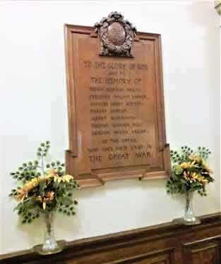 Memorial in Sheffield Town Hall to the Glory of God and to the memory of [men] of this office who gave their lives in the Great War