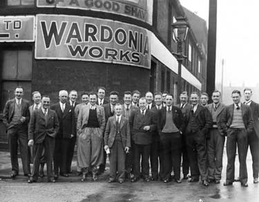 Thomas Ward and Sons Ltd. Group of men [workers?] outside Wardonia Works, junction of Countess Road and Clough Road