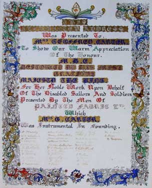 Painted Fabrics - illuminated address presented to Annie Bindon Carter, presented by staff when she received the MBE for her services to Painted Fabrics.