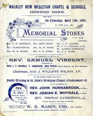 Cover of programme for the laying of memorial stones of the Walkley New Wesleyan Chapel and Schools, Howard Road