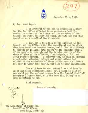Letter received by the Lord Mayor of Sheffield from the Admiralty, Whitehall following the air raids on Sheffield (Sheffield Blitz)