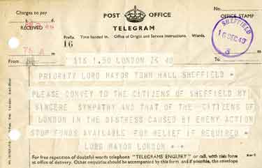 Telegram received by the Lord Mayor of Sheffield from the Lord Mayor of London following the air raids on Sheffield (Sheffield Blitz)
