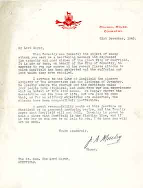 Letter received by the Lord Mayor of Sheffield from the Mayor of Coventry following the air raids on Sheffield (Sheffield Blitz)
