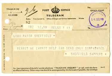 Telegram received by the Lord Mayor of Sheffield from Sheffield Sappers following the air raids on Sheffield (Sheffield Blitz)