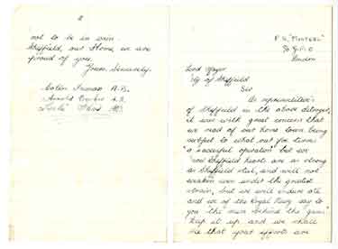 Letter received by the Lord Mayor of Sheffield from Sheffield men aboard the French Ship Mistral, following the air raids on Sheffield (Sheffield Blitz)