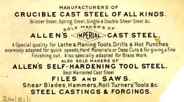Edgar Allen and Co Ltd, Imperial Steel Works, Sheffield - card of T Swindin, c. 1890