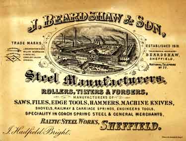 J Beardshaw and Son, Baltic Steel Works, Sheffield - card of J Hadfield Bright, c. 1890
