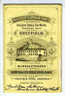 William Cook and Sons, Glasgow Steel and File Works, Washford Road, Sheffield - page 1 of price list, c. 1890