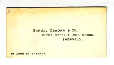 Samuel Osborn and Co, Clyde Steel and Iron Works, Sheffield - cards of John E Breakey, c. 1890