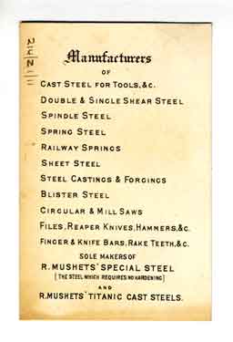 Samuel Osborn and Co, Clyde Steel and Iron Works, Sheffield, list of products on the business card of John W Schofield, c. 1890