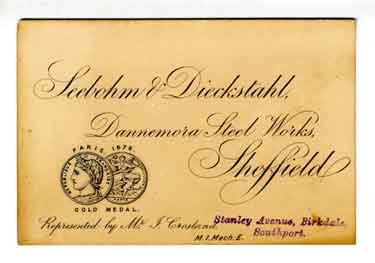 Seebohm and Dieckstahl, Dannemora Steelworks, Sheffield - business card, c. 1890