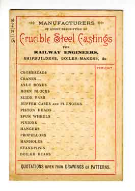 Joseph Trippett and Son, Standard Steel Casting Works, Coleridge Road, Attercliffe - business card with list of products, c. 1890