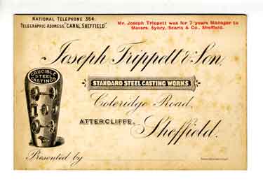 Joseph Trippett and Son, Standard Steel Casting Works, Coleridge Road, Attercliffe - business card, c. 1890