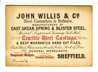 John Willis and Company, Speciality Works, Attercliffe - formerly Parkside Works, Sussex Street, Sheffield - business card, c. 1890