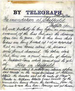 Journalist's telegram regarding the Great Sheffield Flood