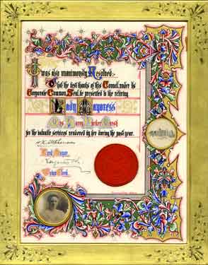 Illuminated address given by the members of the City Council in gratitude for Councillor and Mrs Marsh's work as Lord Mayor and Lady Mayoress over the previous year