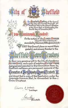 Illuminated resolution of Sheffield City Council to the Sheffield Town Trustees expressing thanks for the gift of silverware on the Coronation of Her Majesty Queen Elizabeth II.