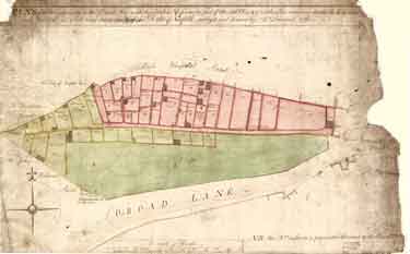 Plan of a close adjoining to the Broad Lane with the Gardens etc. formerly part of the said Close, and of another Close contiguous there to as it is now d[ivided] into Gardens the whole being the property of the Duke of Norfolk