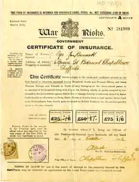 Government War Risks certificate of insurance issued to Mr James Bennett, of 6 Queen Street, Belmont, Chapeltown, Sheffield