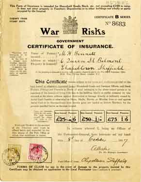 Government War Risks certificate of insurance issued to M. H. Bennett, of 6 Queen Street, Belmont, Chapeltown, Sheffield