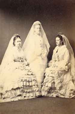 Young ladies in bridal party wear, captioned 'Edith Dixon, Annie Wightman and Marian Wightman', evidently three of Arthur Wightman's sisters: Edith Fawcett Dixon (nee Wightman) (1850 - 1934), Annie Maud Wightman (1854 - 1940) and Marian Fawcett