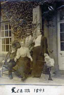 Arthur Wightman and others outside front-entrance of a residence at Leam Hall, Derbyshire 