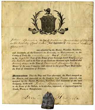 Certificate of admittance to the Company of Cutlers in Hallamshire of John Spencer, the son of Matthias Spencer, late of Sheffield, maker of files and apprentice of the said Matthias Spencer