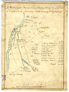 A map of Joseph Machen's Farm at Wadsley Bridge held of the Duke of Norfolk with other intermediate lands