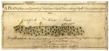 A plan of three small parcels of land near Chapel Town [Chapeltown] exchanged by the Duke of Norfolk and Saintforth Wroe [one in the Lownd Closes [Lound] and the other near the Chapel Furnace], [1769]