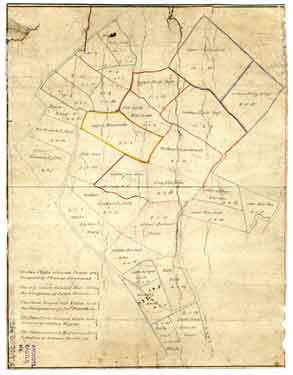 Sketch of the fields (no house and gardens) shown on ACM/MAPS/SheD/728 belonging to The Farm as let to various tenants, 18th cent