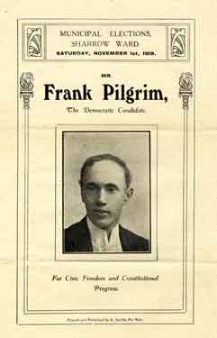 Cover of election leaflet of Frank Pilgrim, National Democratic Party candidate for Sharrow Ward in the municipal elections