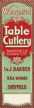 Box label for I. and J. Barber, cutlery manufacturers, Era Works, Wheeldon Street