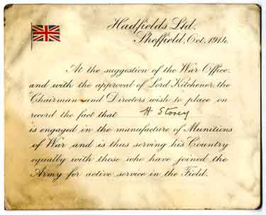 Card issued to H. Storey, a munitions worker at Hadfield's Ltd., certifying he is serving his country equally with those who have joined the army for active service