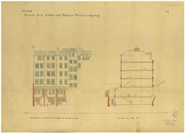 Salvation Army Citadel and business premises adjoining, Pinstone Street and Cross Burgess Street - elevation and section