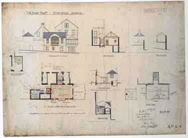 T. W. Sorby, esquire - Storthfield House, 237 Graham Road, Ranmoor - ground floor plan, roof plan and sections