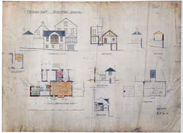 T. W. Sorby, esquire - Storthfield House, 237 Graham Road, Ranmoor - ground floor plan, roof plan and sections (clerk of works copy)