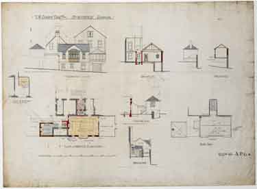 T. W. Sorby, esquire - Storthfield House, 237 Graham Road, Ranmoor - ground floor plan, roof plan and sections (Mr Sorby's copy)